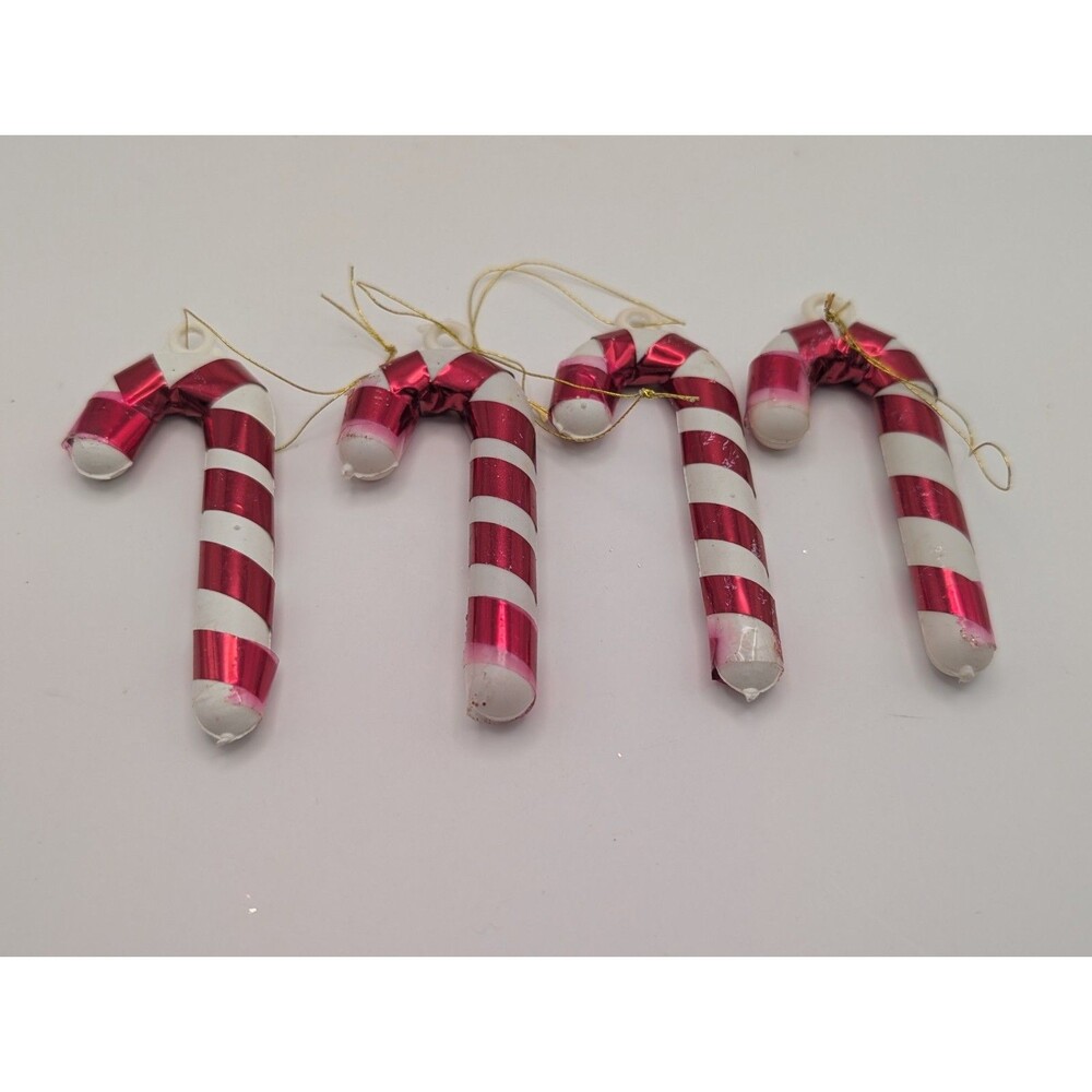 VTG Plastic Blow Mold Candy Cane Christmas Ornament Red Foil Wrapped Lot Of 4